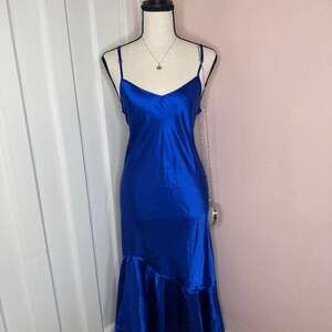 Vintage La Vie en Rose Royal Blue Satin Open Back Maxi Dress, Size XL
